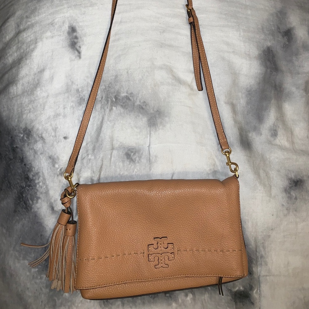 Tory Burch McGraw Fold Over Crossbody Purse Tan